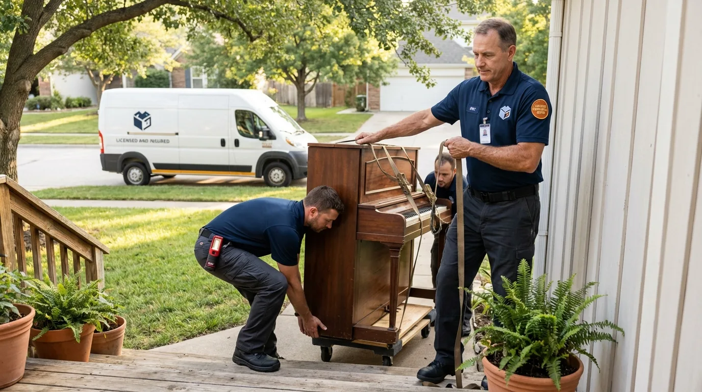 Licensed piano movers securing grand piano in Fallon, NV