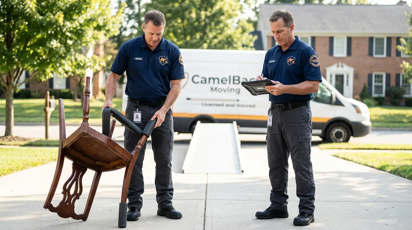 Movers inspecting furniture for damage prevention before loading in Fallon, NV