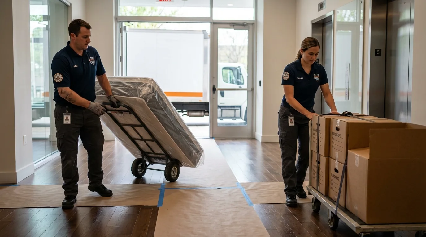 Professional apartment movers loading elevator in Fallon, NV